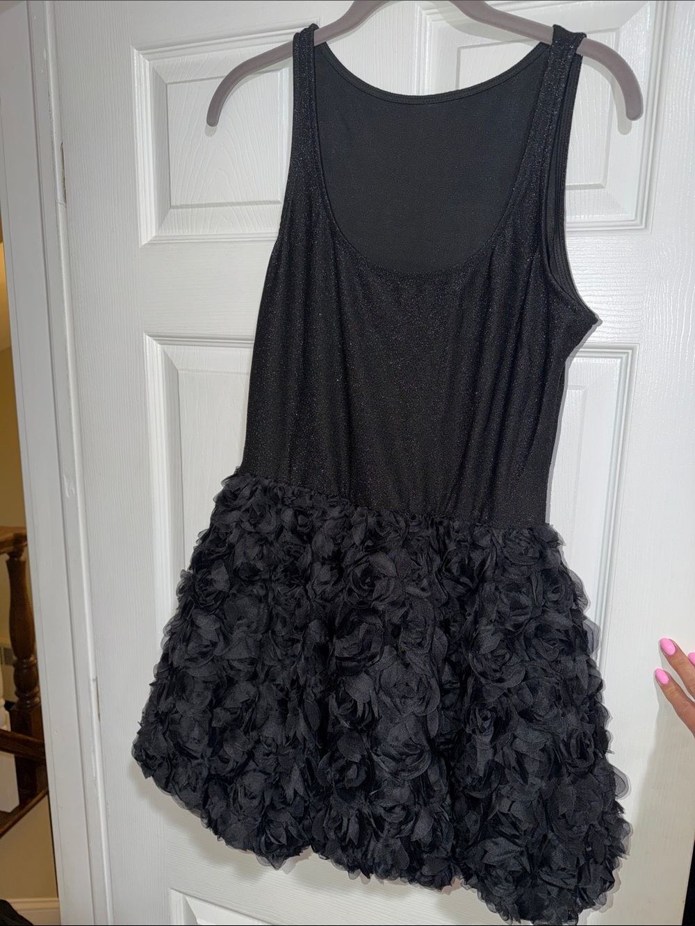 Black Floral Rosette Party Dress bubble hem sparkle scoop neck